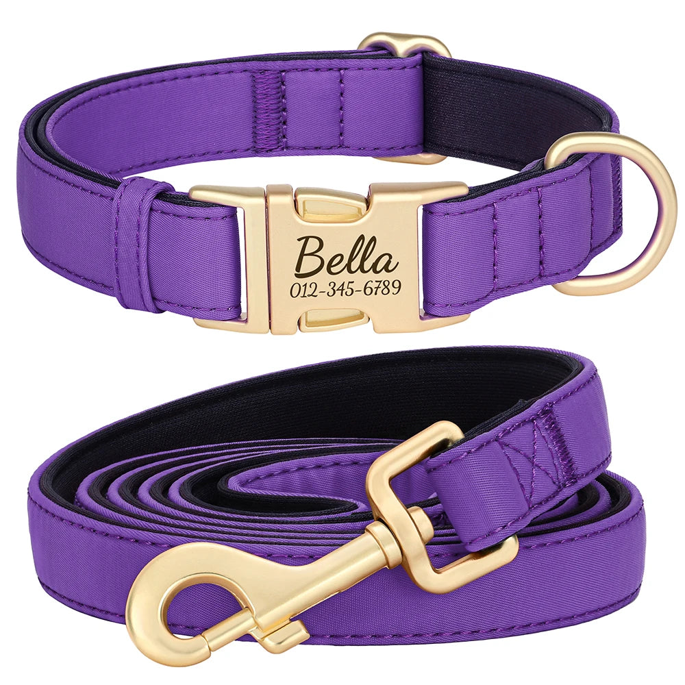 Personalized Dog Collar Leash Set Durable Nylon Dog Necklace Free Engraving Pet Puppy Collars With Lead Waterproof For Dogs Pug