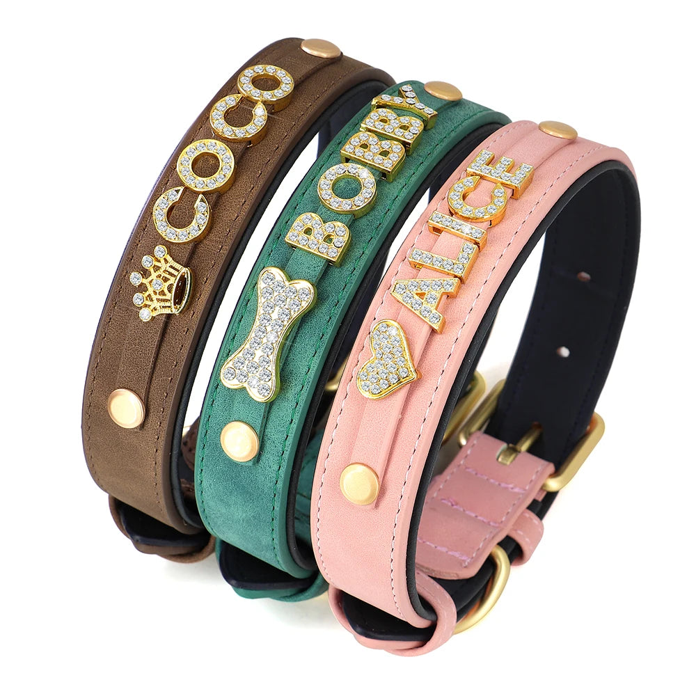 Free Personalized Rhinestone Dog Collar Padded PU Leather Puppy Dog Collars Free Custom Name Charm Necklace For Dogs Chihuahua