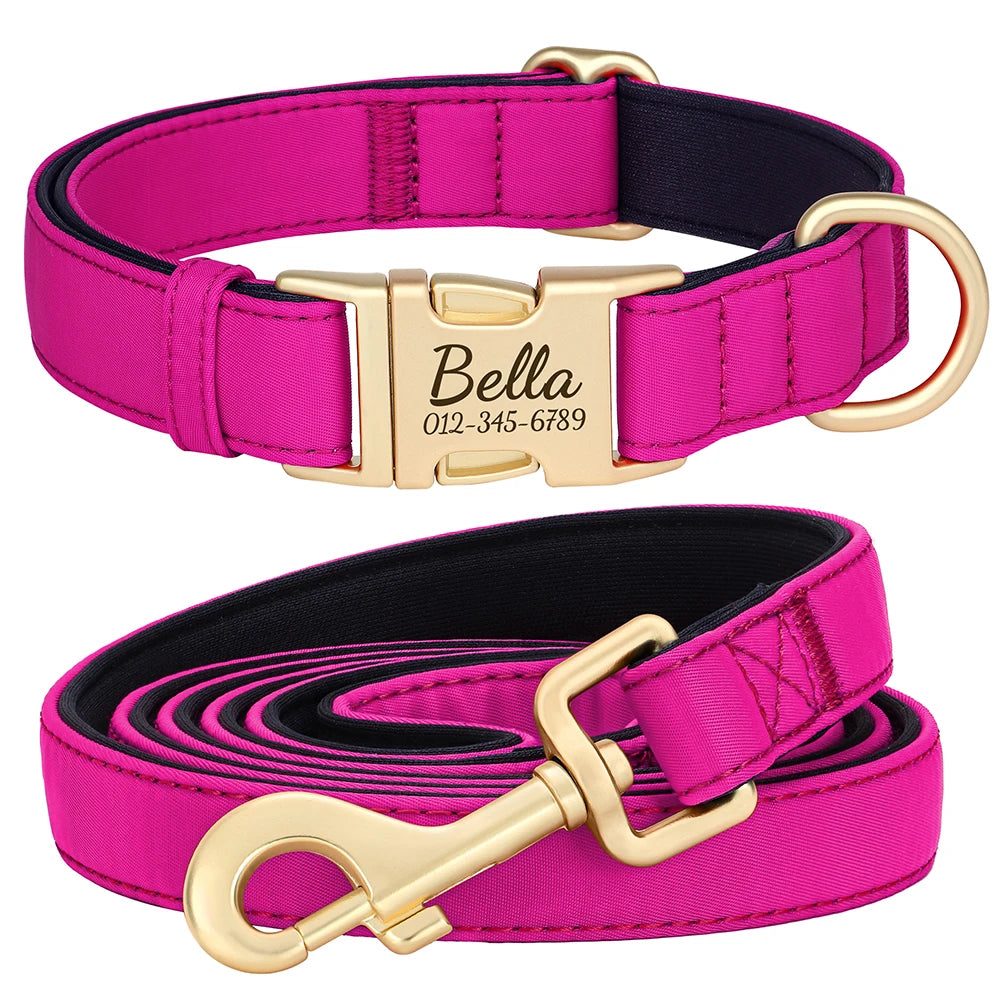 Personalized Dog Collar Leash Set Durable Nylon Dog Necklace Free Engraving Pet Puppy Collars With Lead Waterproof For Dogs Pug