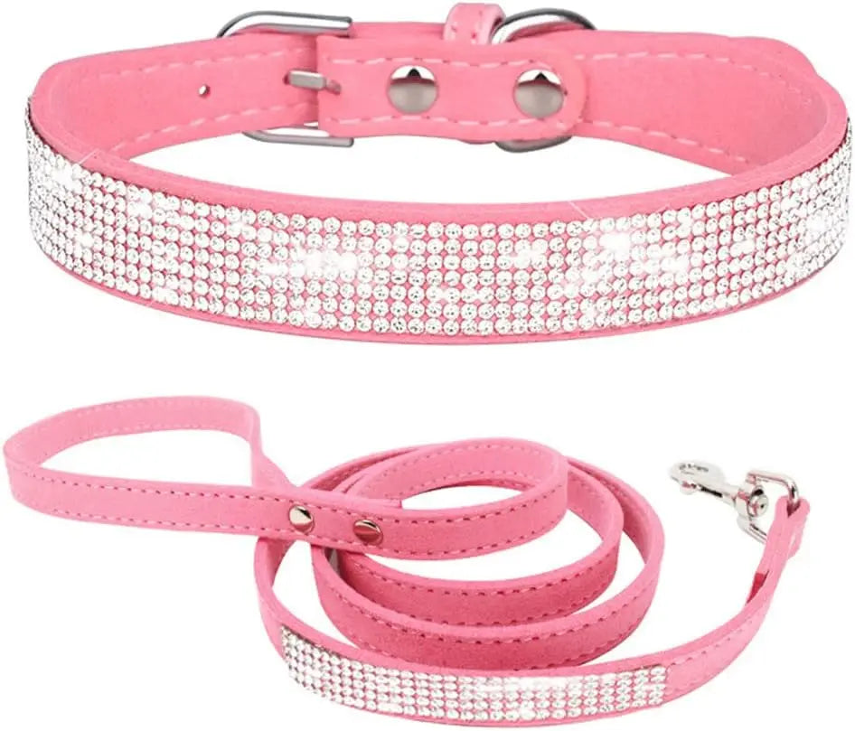 Rhinestone Dog Collar and Leash Set for Small Dogs, Crystal Glitter Pink Pet Accessories